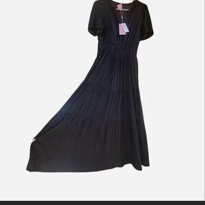 Boho Witchy satin feeling pleated short sleeve maxi dress